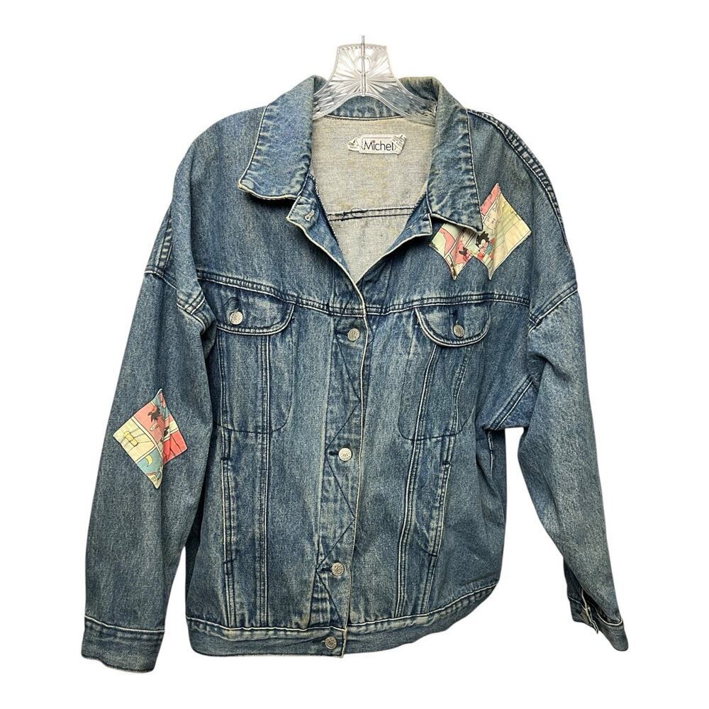 Vintage Michel Jean Jacket Blue Denim Women’s Sz Small Comic Strip Patchwork